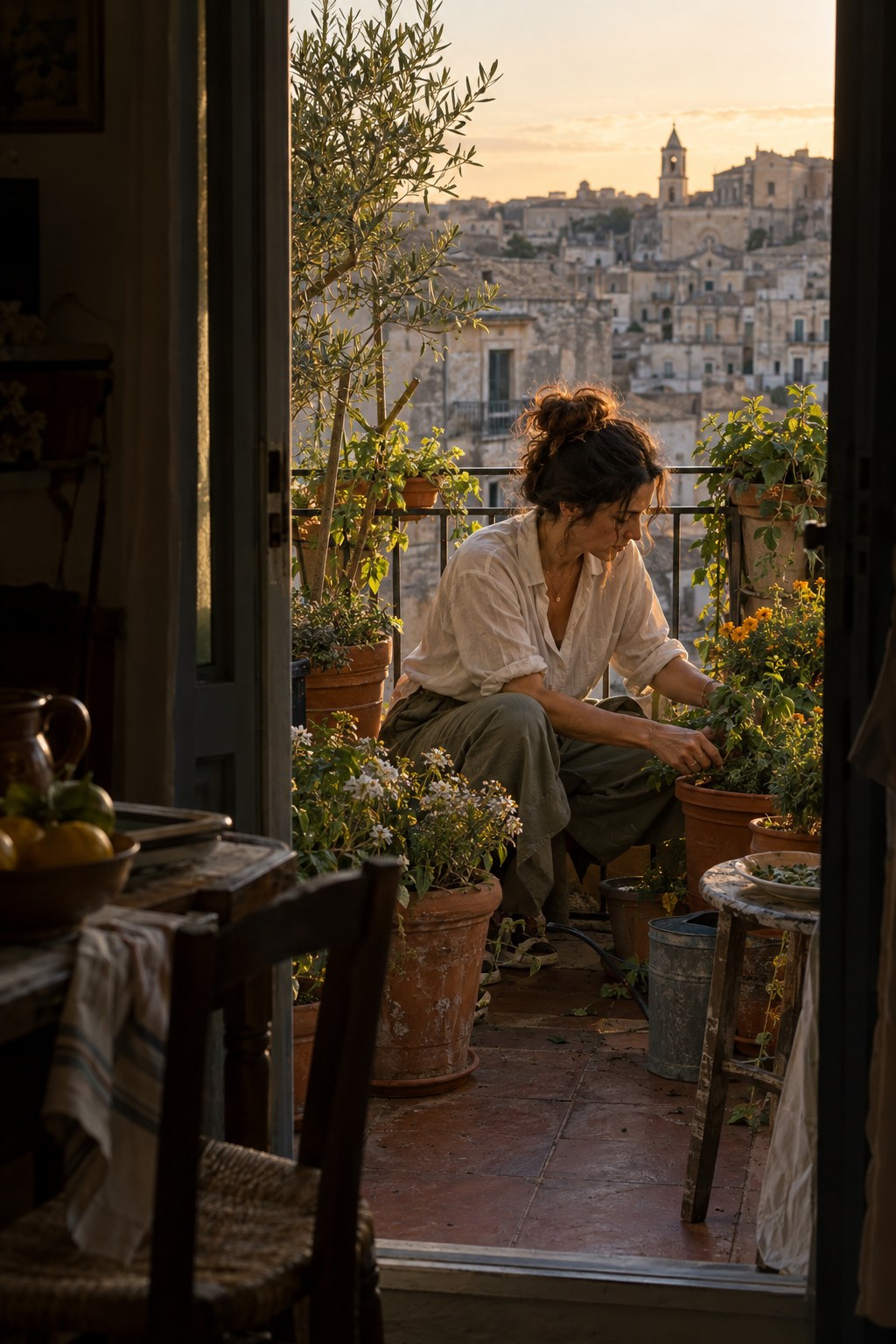Through a doorway onto a balcony of potted plants